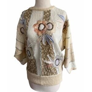 Vintage Hollywood & Vine Pullover Sweater Flower Applique Grandmacore Beige Sz M